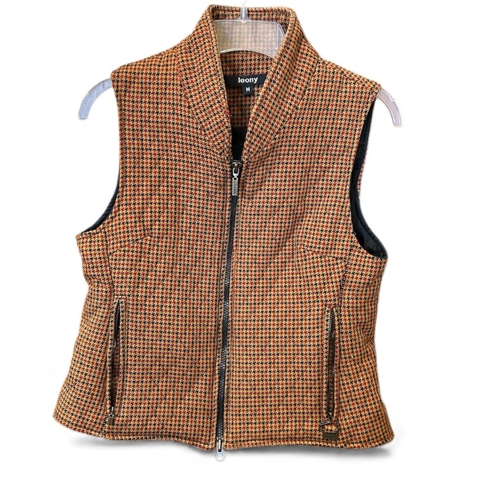 LEONY Women's Tan Houndstooth Sleeveless Vest. Size Medium - Picture 1 of 11